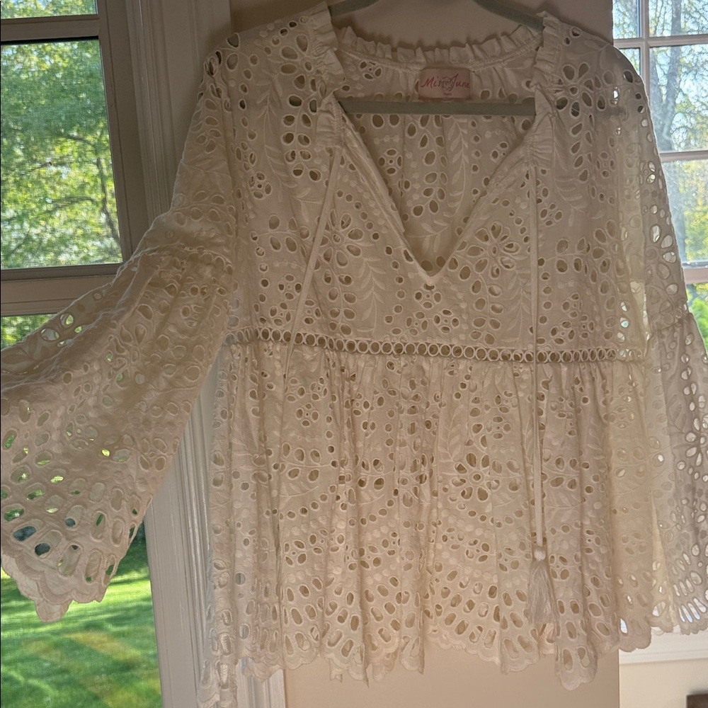 Miss June White Eyelet Tunic with Tassel Tie